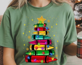 Christmas Teacher Shirt Crayon Tree |  T-Shirt & Sweatshirt | Teacher Christmas Gift, Holiday Classroom Shirt, Festive Teacher Outfit