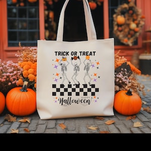 Bolsa de tela de Halloween con esqueletos de dulces: una bolsa de lona espeluznante para pedir dulces