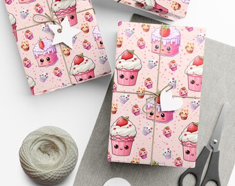 Rosa Kawaii Geburtstagspapier: Kuchen, Cupcakes, Kätzchen