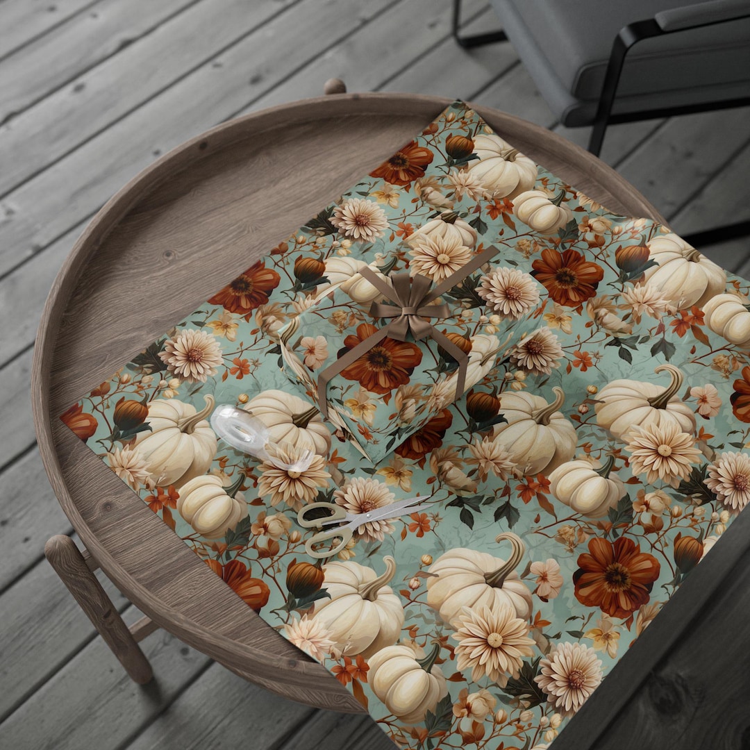 Wrapping Up Fall Fall Pumpkin Floral Wrapping Paper: Thanksgiving Gift Wrap, Matte or ...