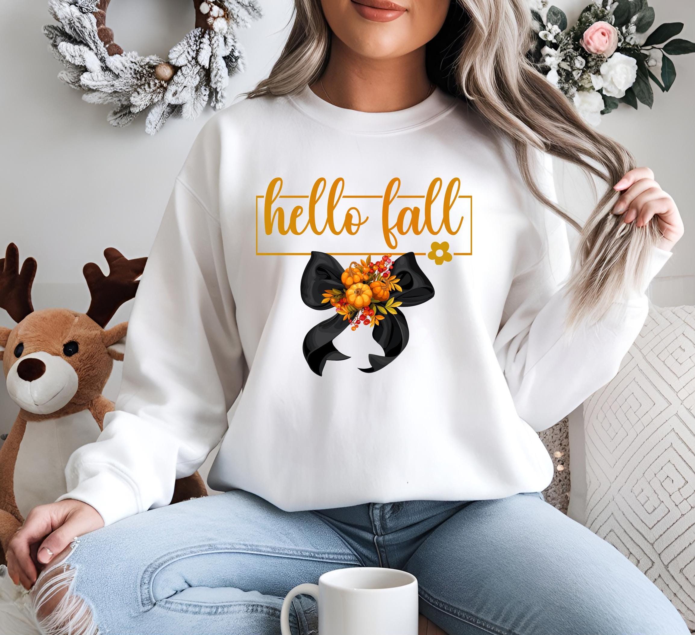 Hello Fall Black Coquette Pumpkins Crewneck Sweatshirt, Cute Autumn Sweater, Halloween Costume Jumper, Thanksgiving Pullover, Fall Fashion