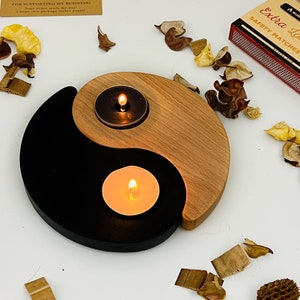 Handmade Yin Yang Wood Tea Light Holder Home Decor Rustic Wedding Accent Gift Idea Modern Natural Décor Candle Holder Set  Serene Ambiance