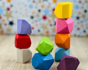 Wooden Jumbo Stacking Balancing Natural Rainbow Stones| Montessori Waldorf Educational Toy Blocks| Tumi Ishi Balance Stones Building Rocks
