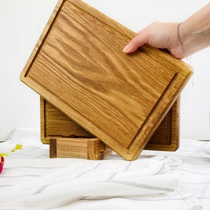Carved Oak board with juice groove. Butcher block. Wooden bread meet cheese cutting board. Kitchen cooking woodworking gifts Serving board