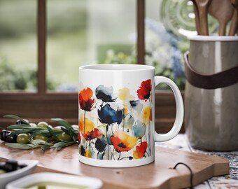 Ceramic Mug "Water Flowers" Original New Pop Art Edition White 11oz