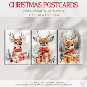 3er Set Merry Christmas Cards Süßes Rentier Aquarell Sofortiger Download Druckbare Urlaub Gemütliches Design 5 "x 7" -Karte PDF & JPEG für Weihnachtsfeier
