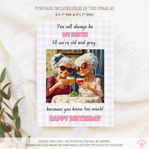 Carte de joyeux anniversaire drôle Bestie pour soeur et meilleure amie, voeux mignon vintage pour femme, cadeaux d'amitié imprimables en téléchargement numérique