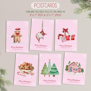 Set di 6 Coquette Holiday Greetings Christmas Decor Merry Christmas Carine cartoline digitali rosa 5"x7" Download immediato Stampabile Accogliente PDF JPEG