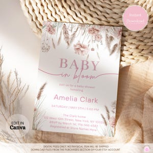 Convite para chá de bebê em flor, convite para chá de bebê floral, convite para chá de bebê na primavera, brunch floral para bebê, modelo editável para impressão