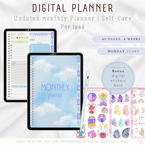 Digital Planner 2025 Monthly Goodnotes iPad ADHD Friendly Planner Meal Planner Self-Care Planner Digital Stickers Goodnotes Template