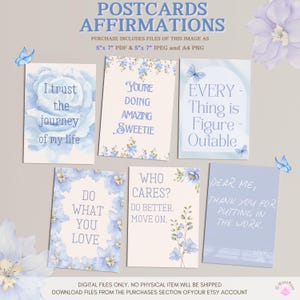 Lot de 6 cartes postales affirmation bleues imprimables, impressions motivantes, téléchargement numérique, art mural, soins personnels, journalisation PDF et JPEG