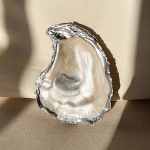 Silver Jewelry Oyster Shell Trinket Dish Holder | Decorative Decoupage Oyster Shell Ring Bridal Engagement Jewelry Catchall Tray Coastal