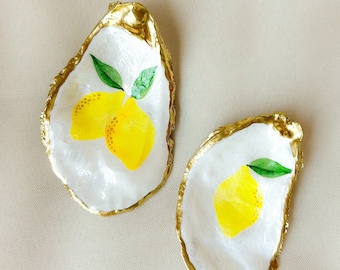 Lemon Trinket Jewelry Dish Holder | Oyster Shell Decorative Decoupage Ring Dish Jewelry Catchall Tray Coastal Hostess Gift Ideas for her