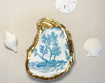 Blue & White Chinoiserie Oyster Shell Jewelry Ring Dish Holder | Decoupage Decorative Storage Trinket Wedding Catchall Tray Something blue