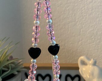 Cell Phone Charm/Keychain/Black Hearts/Pink Beads/Butterfly