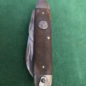 May include: A closed folding pocket knife with a dark brown textured handle, silver-colored metal bolsters, and a circular emblem featuring a scout-style fleur-de-lis design. The handle is secured with brass pins and includes a metal bail at the end.