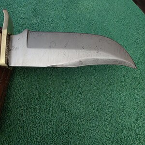 Pu&ograve; includere: Primo piano di una lama di coltello argentata con una leggera curva. La lama presenta alcuni piccoli graffi e una scritta appena visibile.