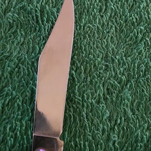 May include: Close-up of a stainless steel knife blade with a sharp point. The blade reflects light, and the handle is partially visible. The knife is set against a green, textured background.