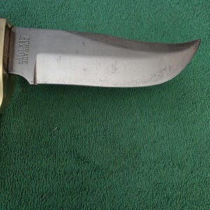 Pu&ograve; includere: Primo piano di una lama di coltello argentata con il testo "SCHRADE USA 177UH" sul lato.