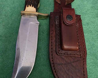 Schrade collectors 1970's No.171UH hunting knife 5-1/2", bone style handle, sharpening sanding stone & leather sheath. The knife's #35597.