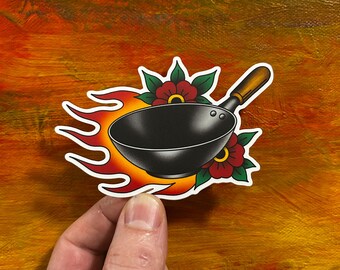 Flaming Wok Sticker | Waterproof Kitchen Cook Vinyl Decal