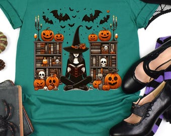 Witch Reading Book T-Shirt: Spooky Salem Halloween Tee