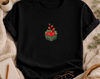 Strawberry Embroidery Sweatshirt, Cute Cottagecore Berry Shirt, Fruit Lover Hoodie, Minimal Botanical Gift Tee