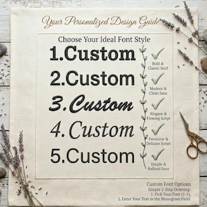 a guide for choosing an ideal font style, with options such as "Custom" and "Custom Fonts" listed. The guide also includes a list of font styles and their characteristics, such as bold and classic serif, modern and clean sans, elegant and flowing script, feminine and delicate sans, and simple and refined sans. The guide is presented on a white background, with a pair of scissors and some dried lavender visible in the foreground.