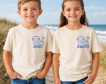 Custom Beach Bucket Shirt, Personalized Kids Beach Trip Tee, Summer Vacation Matching Shirt, Sibling Beach Outfit Gift