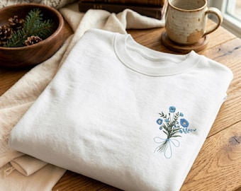 Minimal Blue Floral Embroidered Shirt, Sweatshirt & Hoodie Aesthetic Wildflower Crewneck, Soft Pullover, Nature Lover Gift, Women’s Trendy