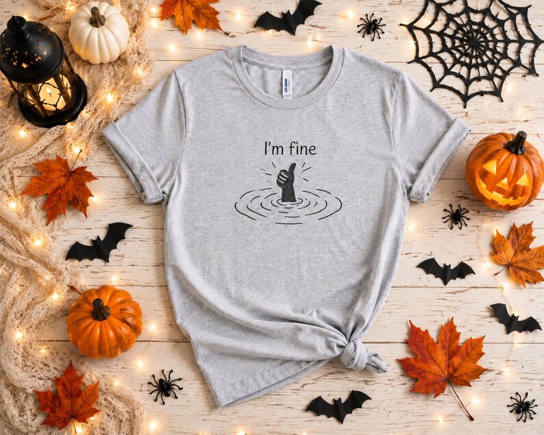 May include: A light gray short-sleeve t-shirt featuring a black graphic of a hand emerging from water giving a thumbs-up gesture, accompanied by the text "I'm fine" printed in a simple black font above the illustration on the center chest.