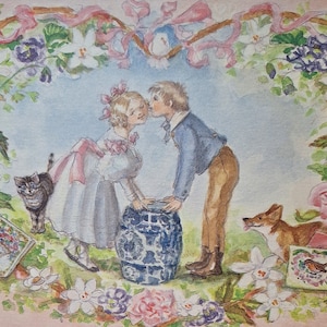 Süße blanko Tasha Tudor Karte (1987) kommt mit Umschlag.