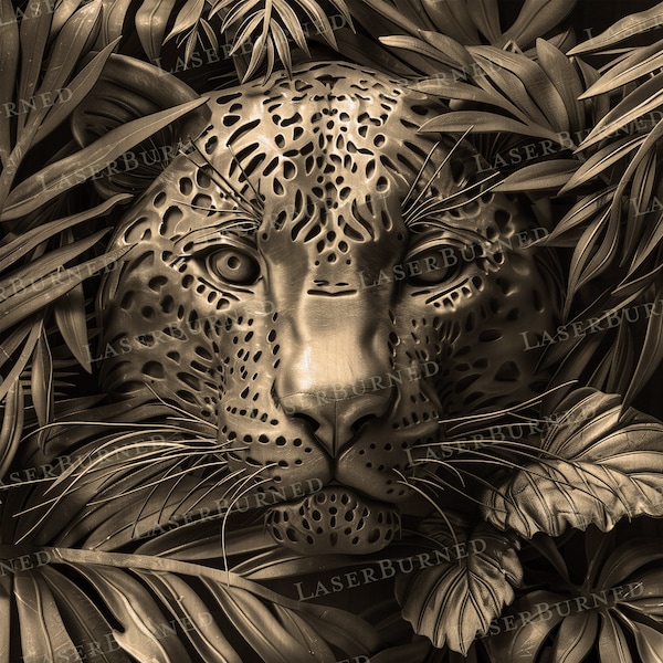 Laser Engrave PNG of a Leopard in the Jungle | 3D Illusion Burn | Digital Files for Adobe Illustrator, Photoshop, Lightburn