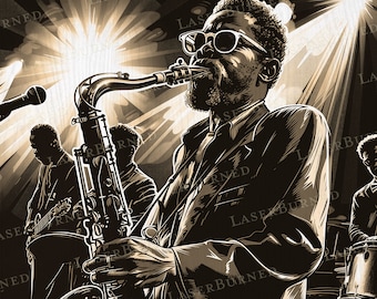 May include: A black and white illustration of a jazz band performing on stage. The saxophonist is in the foreground, wearing sunglasses and playing a saxophone. The other band members are in the background, playing guitar and drums. The stage is lit with spotlights.