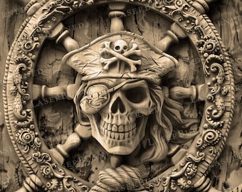 May include: A wooden pirate skull with an eyepatch and a bandana is carved into a ship's wheel. The skull is surrounded by intricate carvings of rope and nautical designs.