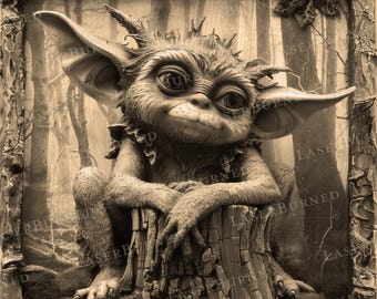 May include: A small, gray, furry creature with large ears sits on a tree stump. The creature has a mischievous expression and is looking directly at the viewer. The background is a blurred image of a forest.