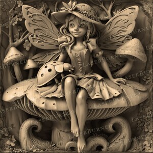May include: A carved wooden fairy figurine with wings, sitting on a mushroom with a ladybug beside her. The fairy is wearing a dress and a hat with flowers.