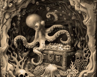 May include: A detailed sepia-toned relief carving of an underwater scene. An octopus sits above a treasure chest overflowing with coins. The scene includes coral, a skull, and bubbles, creating a nautical theme.