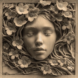 長い髪と花を持つ女性のレーザー彫刻 PNG | 3D イリュージョン バーン | Adobe Illustrator、Photoshop、Lightburn 用のデジタル ファイル