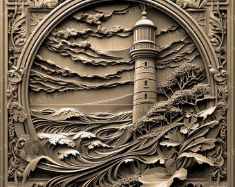 Laser Gravur PNG eines wunderlichen Leuchtturm am Meer | 3D Illusion Brand | Digitale Dateien für Illustrator, Photoshop, Lightburn
