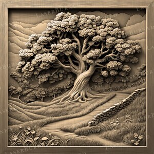 May include: A detailed wooden relief carving of a landscape scene. The artwork features a large, gnarled tree with a winding path, stone wall, and rolling hills. The piece is framed in a matching wooden border, showcasing the intricate details of the natural environment.