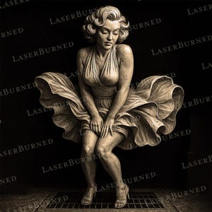 May include: A sepia-toned sculpture of a woman in a halter dress, her skirt billowing upwards. The sculpture is set against a dark background, with the words "LASER BURNED" repeated around the edges.