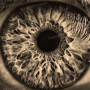 May include: A close-up of a human eye with a detailed, intricate pattern of veins and lines in the iris. The pupil is black and the surrounding area is a light brown color. The image is in sepia tone.