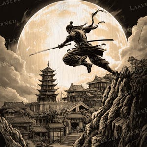 Laser Engrave PNG of a Japanese Samurai with Sword | 3D Illusion Burn | Digital Files for Illustrator, Photoshop, Lightburn