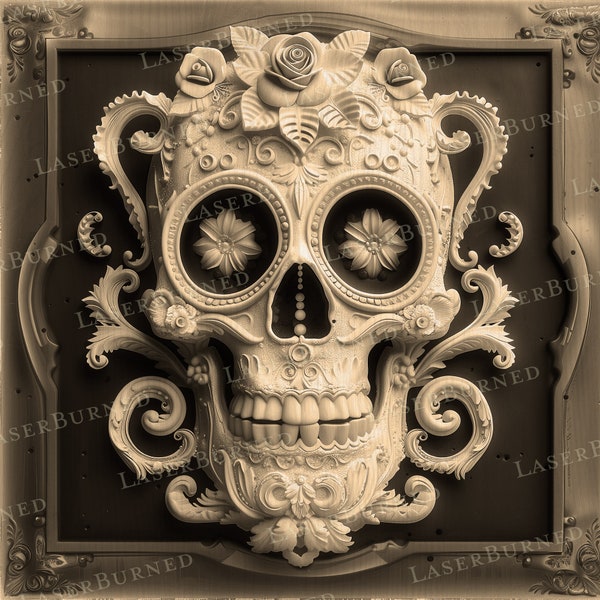 Laser Engrave PNG of a Sugar Skull - Day of the Dead | 3D Illusion Burn | Digital Files for Adobe Illustrator, Photoshop, Lightburn