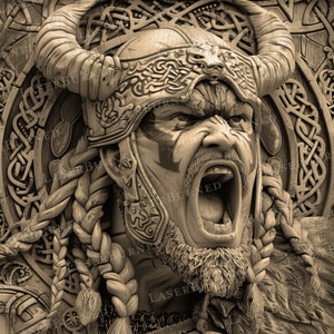 Gravure PNG au laser d'un guerrier viking rugissant | Illusion de gravure 3D | Fichiers numériques pour Illustrator, Photoshop, Lightburn