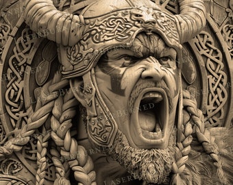May include: A detailed carving of a Viking warrior's head with a horned helmet, beard, and fierce expression. The carving is in a light brown color and has intricate details.