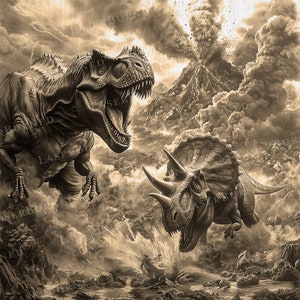 Laser Engrave PNG of a Dinosaur Battle with T-Rex and Triceratops | 3D Illusion Burn | Digital Files for Adobe Illustrator, Lightburn
