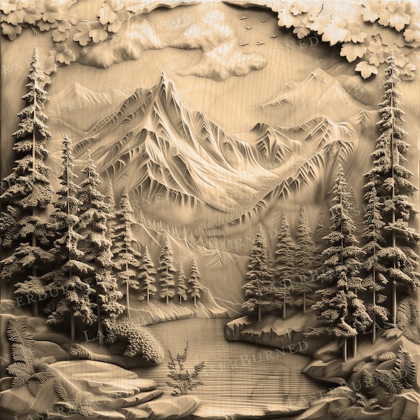 Laser Engrave PNG of a Mountain Forest with River | 3D Illusion Burn | Digital Files for Illustrator, Photoshop, Lightburn