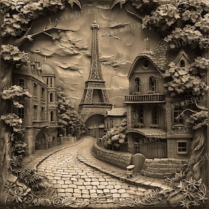 May include: A wood carving of a Parisian street scene with the Eiffel Tower in the background. The carving features cobblestone streets, buildings, trees, and flowers.